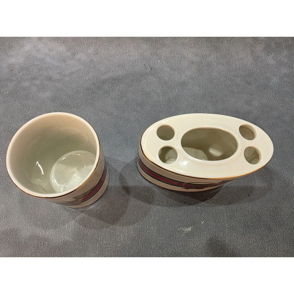 Vintage Christmas Ceramic Toothbrush Holder and Tumbler Set Gold Horn Japan